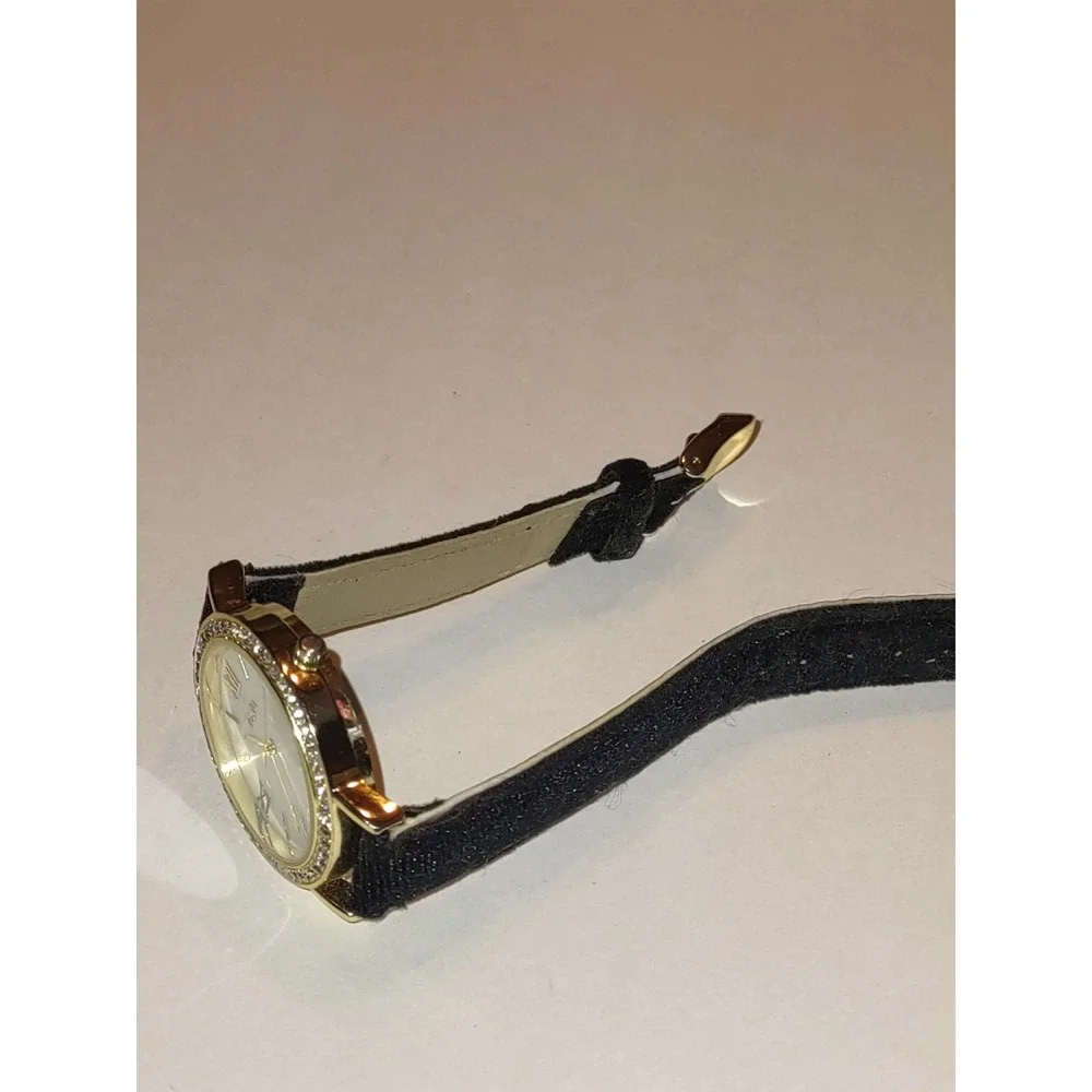 Trelu Womens Gold Tone Watch Faux Mother of Pearl Dial Crystal Bezel Blk Velvet